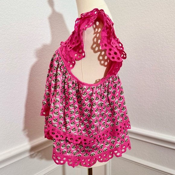 ANTHROPOLOGIE Let Me Be Layered Ruffle Tiered Pink Floral Eyelet Swing Top - Picture 7 of 17